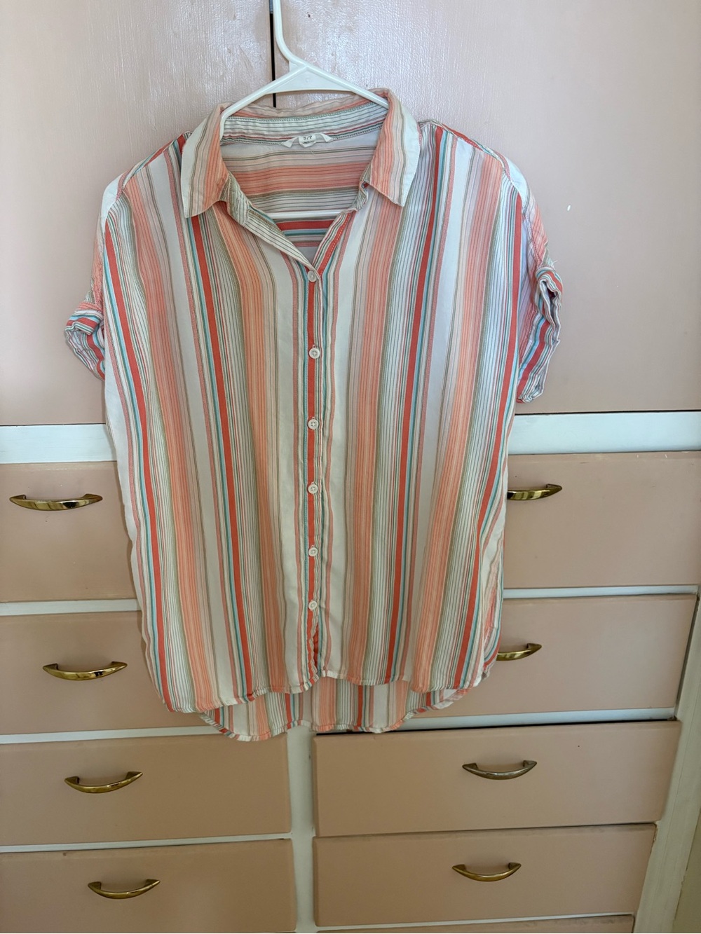 beachlunchlounge Peach, Cream & Blue Striped Button-Down Shirt